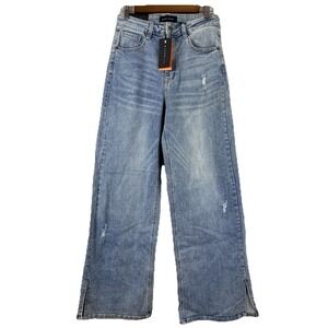 Risen wide leg high rise with side slit Size 7 Medium Wash